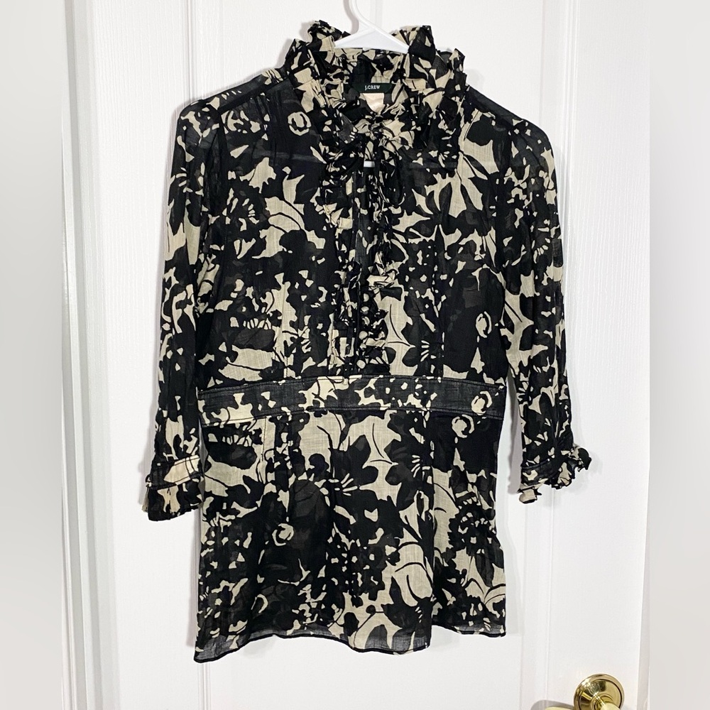 Y2K J.Crew Floral Ruffle Trim Tie Neck Empire Waist Blouse Black Cream 6 Small